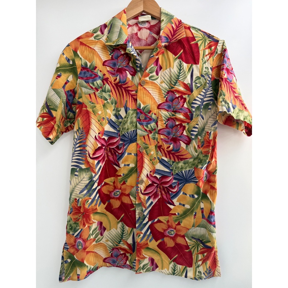 Y2K Tropical Hawaiian Shirt Mens Floral Red Yellow Button Up Cotton